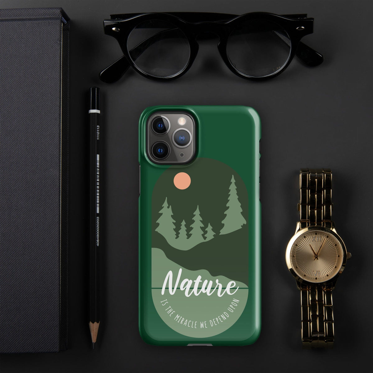 Green iPhone snap case top view with Nature forest graphic and dual camera opening