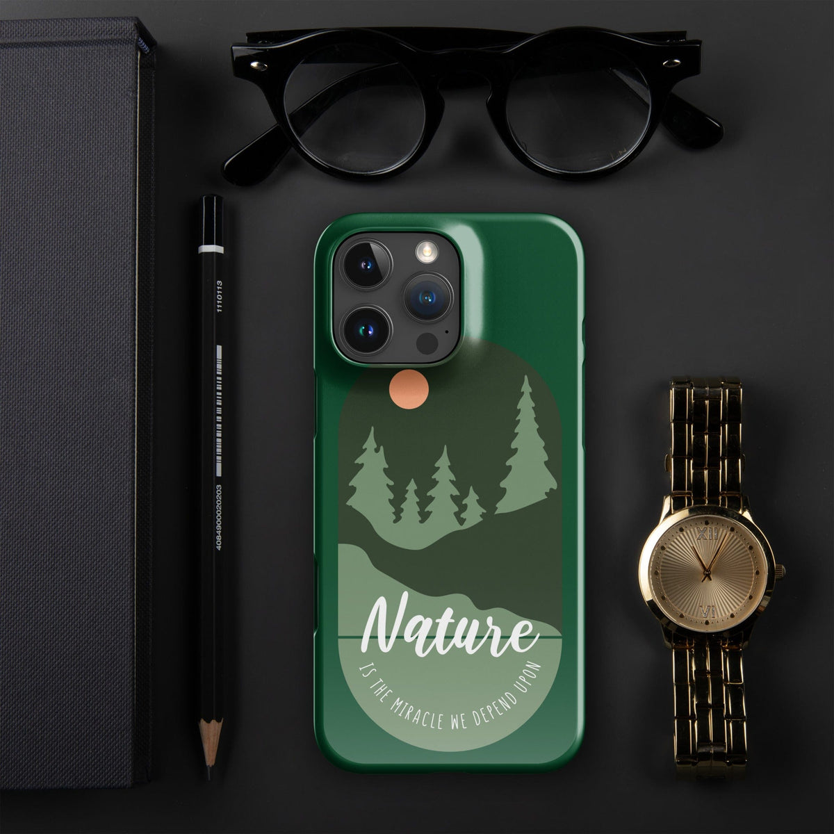 Green iPhone® snap case with forest silhouettes and 'Nature' typography