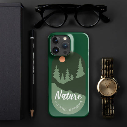 Green iPhone® snap case with forest silhouettes and 'Nature' typography