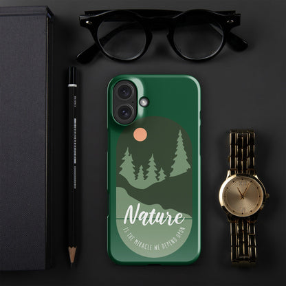 Green iPhone snap case featuring nature trees, moon detail, and camera openings.
