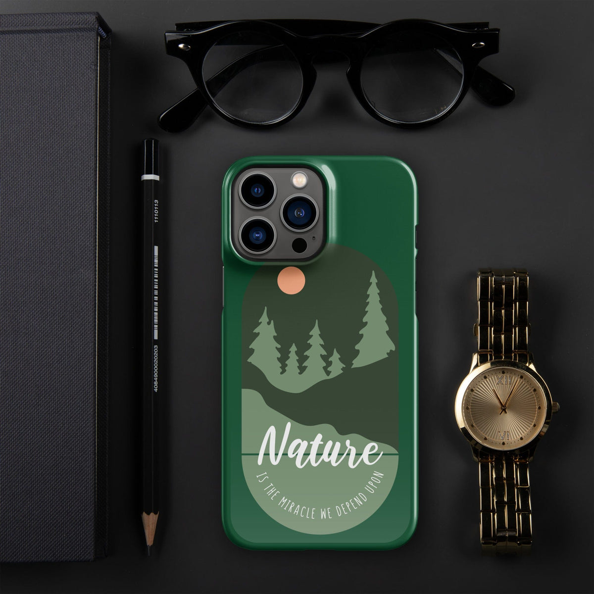 Green iPhone snap case with nature forest design and camera cutouts, with “Nature” text