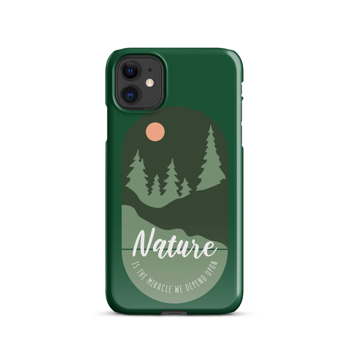 Green iPhone snap case front view with Nature tree silhouette and two camera lenses