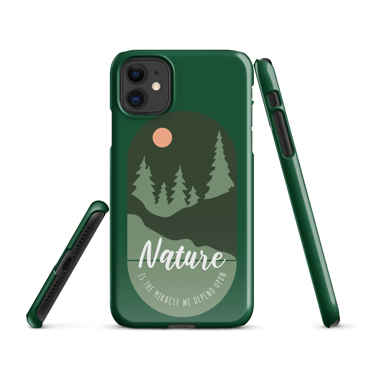 Green iPhone snap case with Nature forest graphic and side button openings