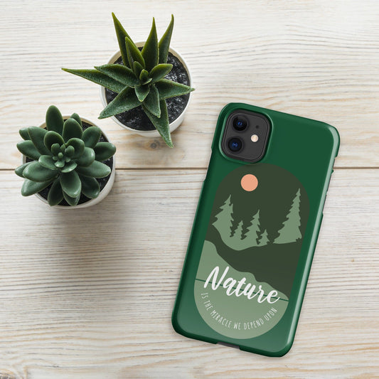 Green iPhone snap case with Nature forest graphic and raised camera cutouts