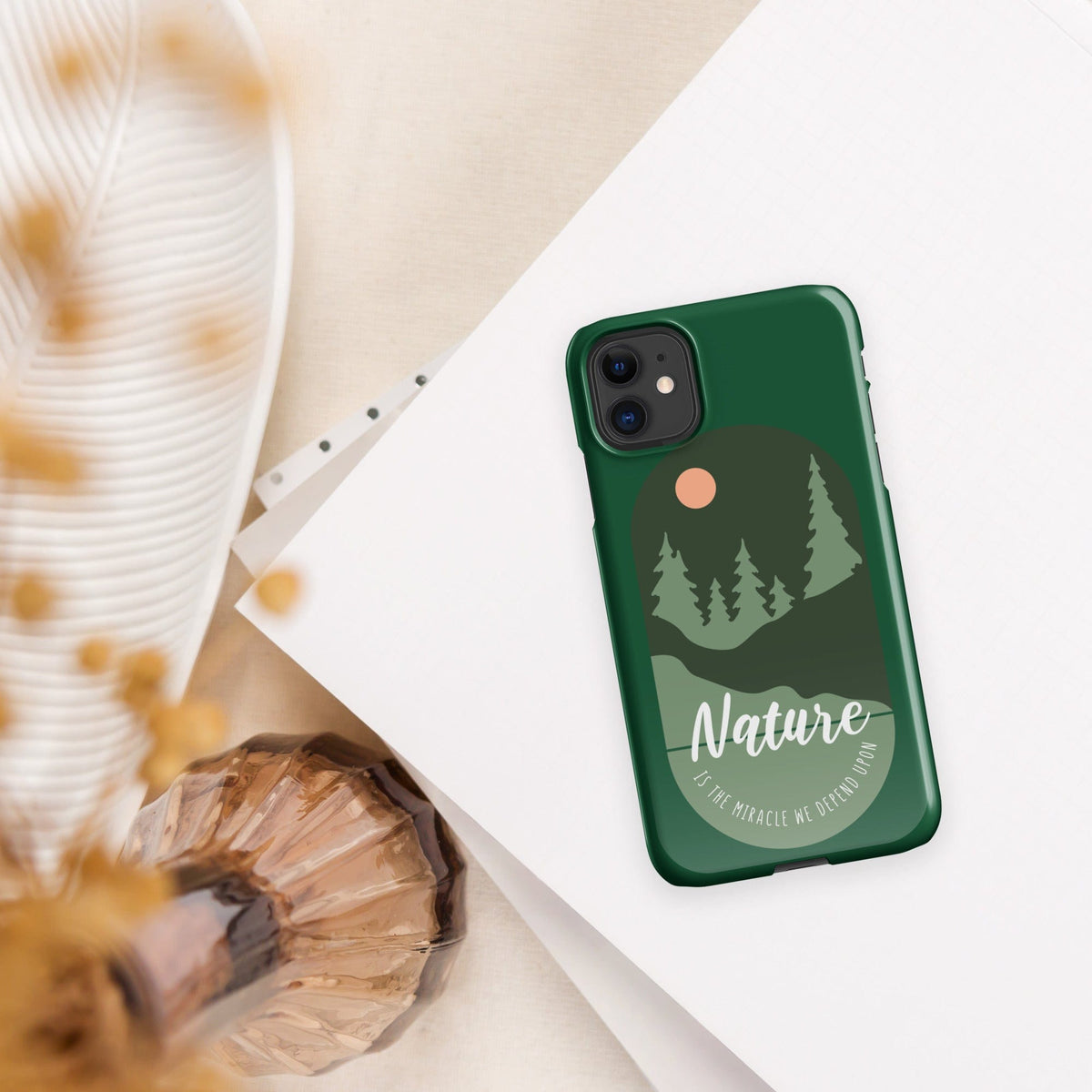 Green iPhone snap case with Nature forest artwork and glossy raised camera bezel