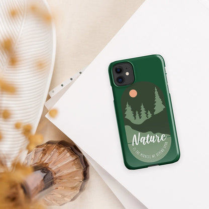 Green iPhone snap case with Nature forest artwork and glossy raised camera bezel