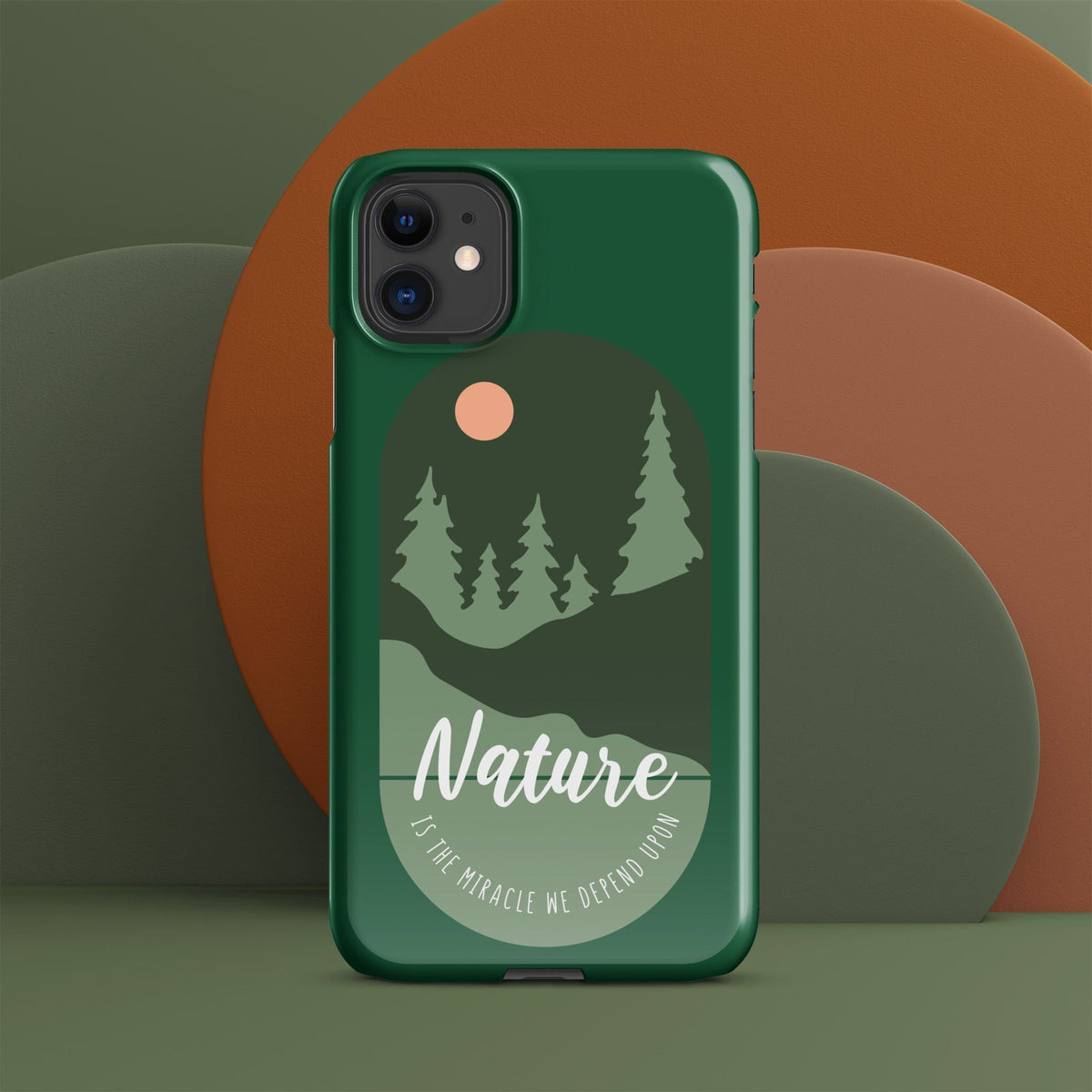Green iPhone snap case with Nature forest graphic and circular sun icon