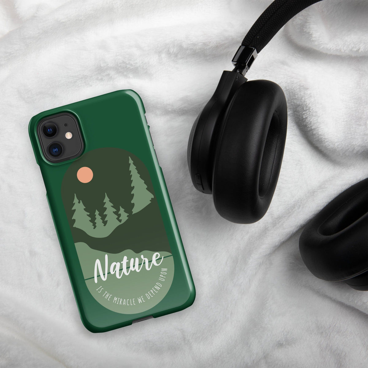 Dark green iPhone snap case with Nature forest scene and dual camera openings