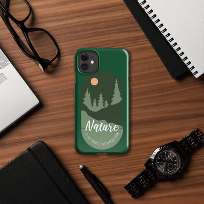 Green iPhone snap case with Nature cursive text and tree silhouette design