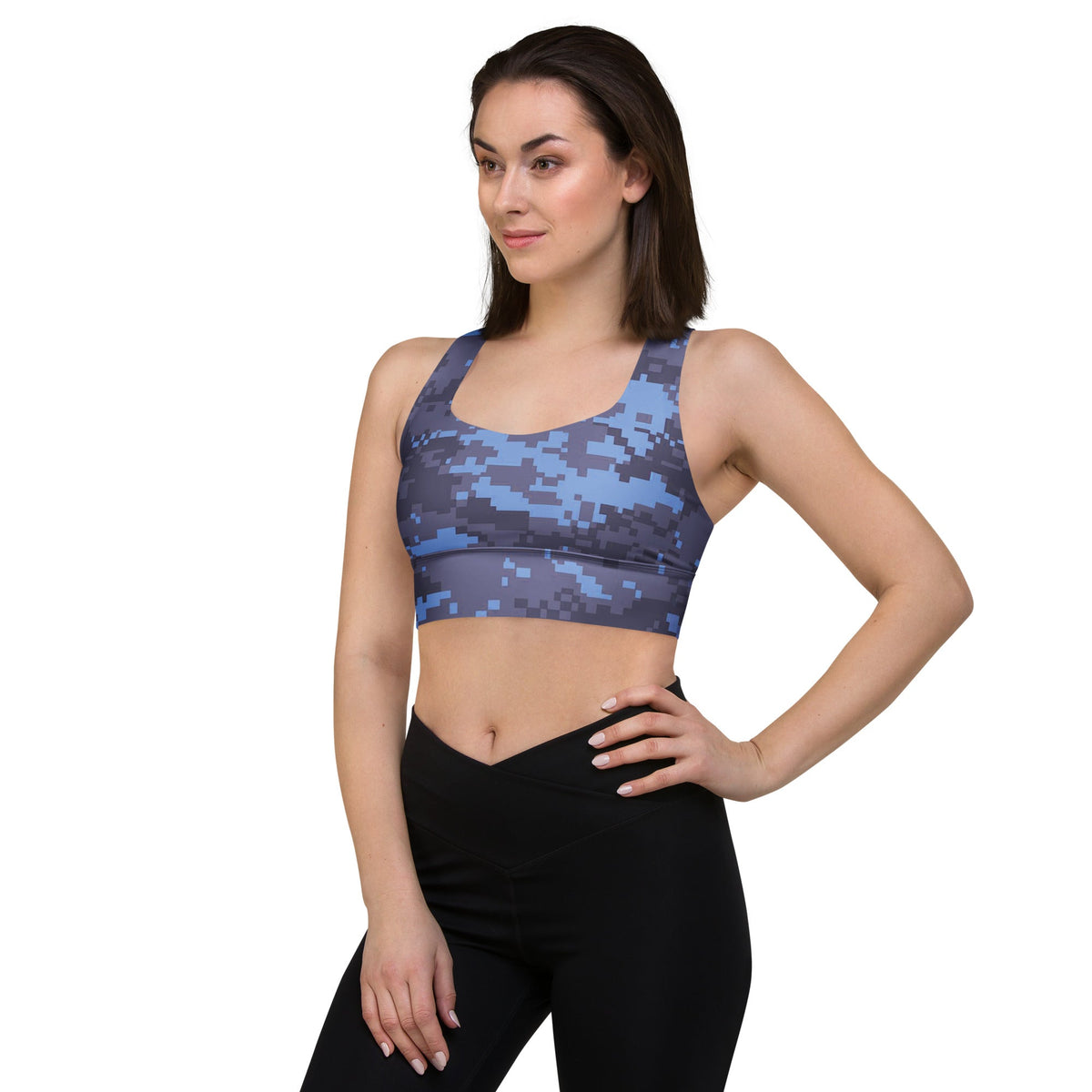 Dark blue digital camo longline sports bra with wide underbust band