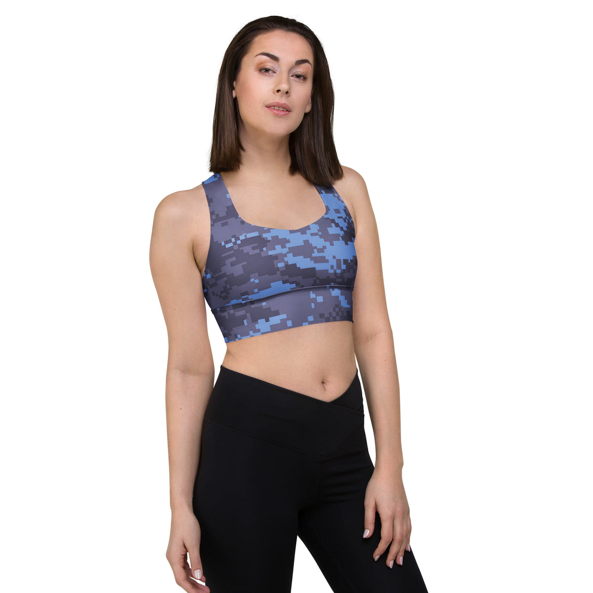 Dark blue digital camo longline sports bra with crew neckline and racerback