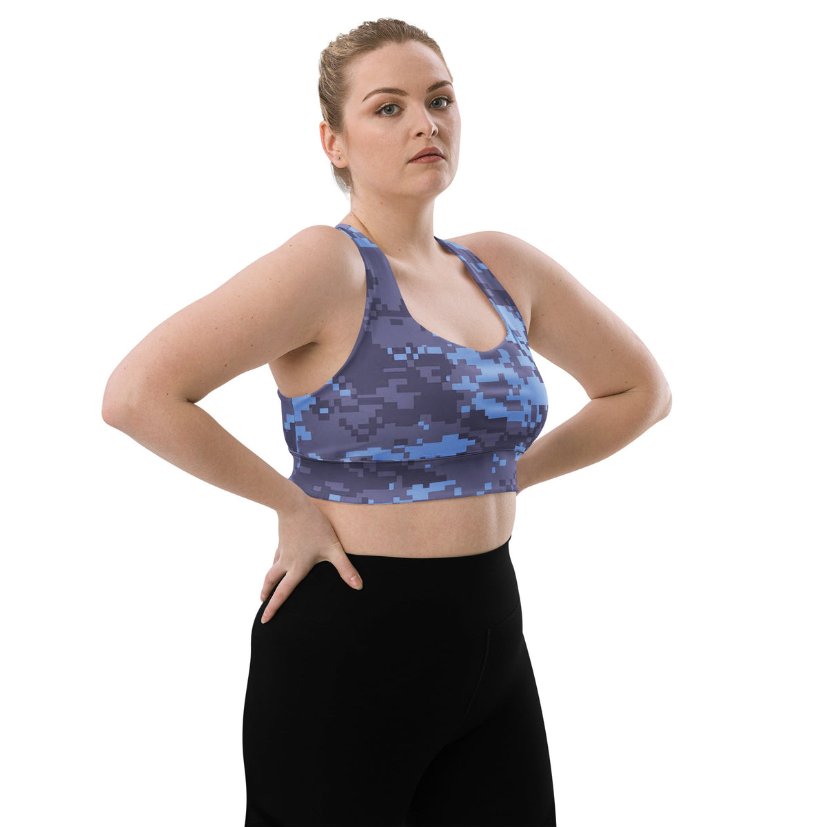 Navy digital camo longline sports bra with racerback and cropped, supportive fit