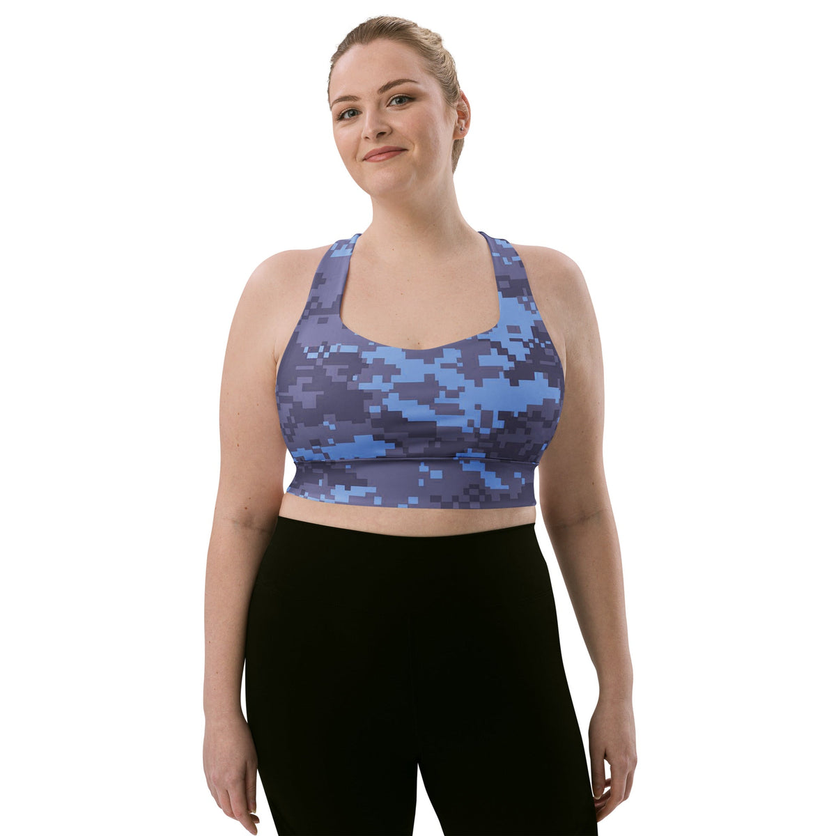 Navy digital camo longline sports bra with wide, supportive band and smooth fit