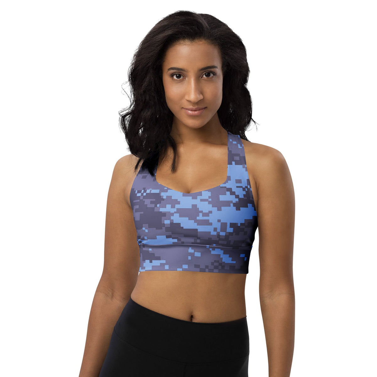 Navy digital camo longline sports bra with racerback straps and scoop neckline