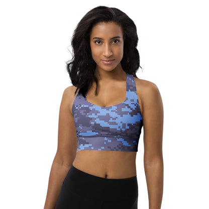 Navy digital camo longline sports bra with racerback straps and scoop neckline