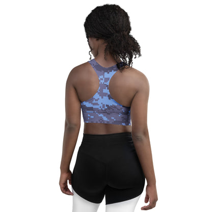 Dark blue digital camo longline sports bra, back view with racerback straps