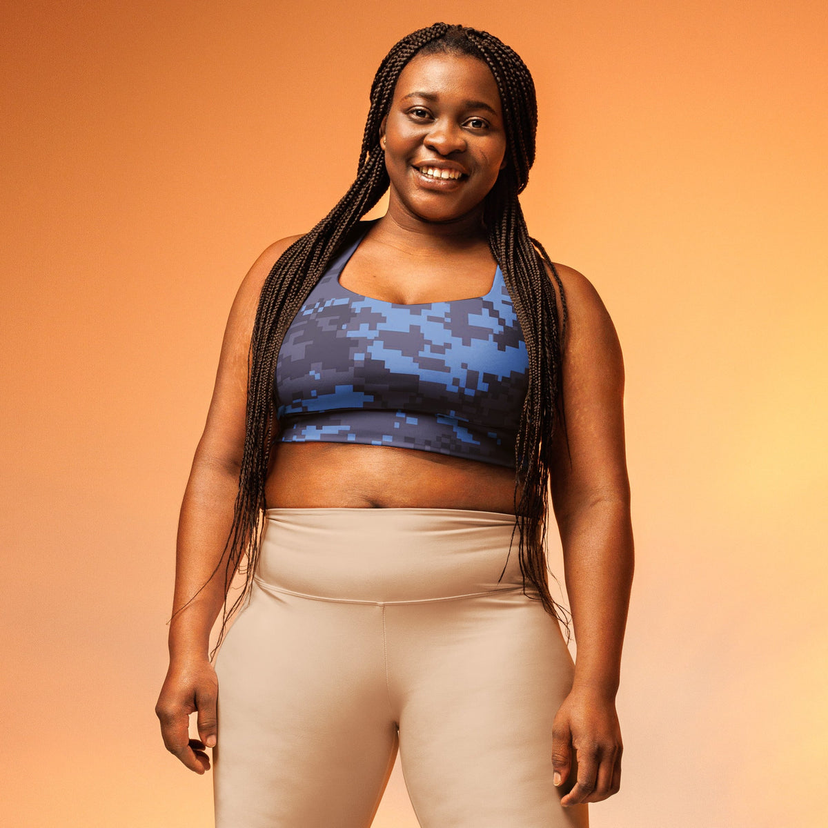 Navy digital camo longline sports bra with racerback straps and wide underband