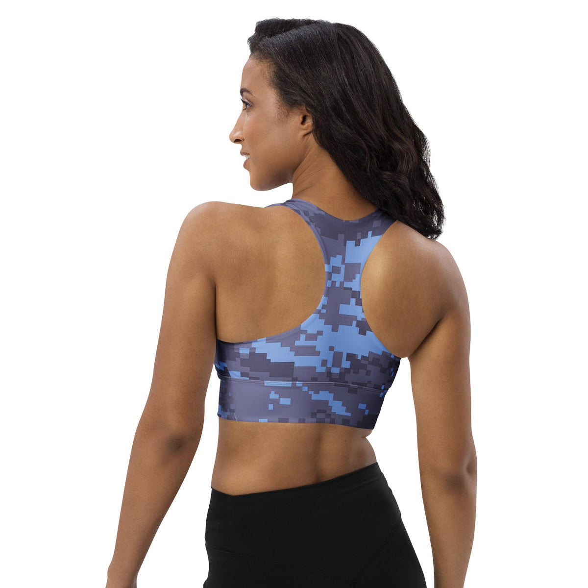 Navy digital camo longline sports bra shown from back with racerback strap design