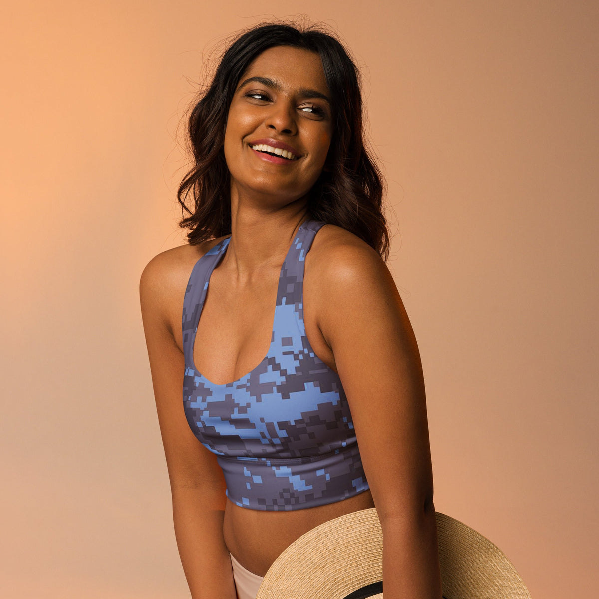 Navy digital camo longline sports bra with scoop neckline and racerback straps