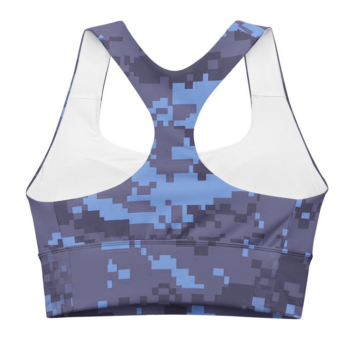 Navy digital camo longline sports bra with high neckline and wide underband