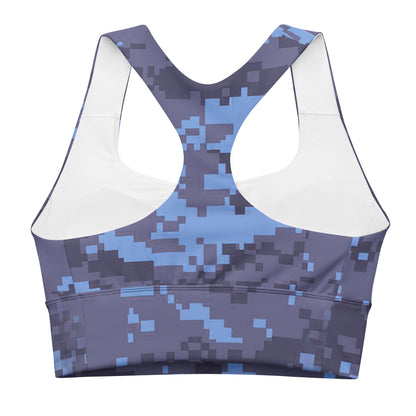 Navy digital camo longline sports bra with high neckline and wide underband