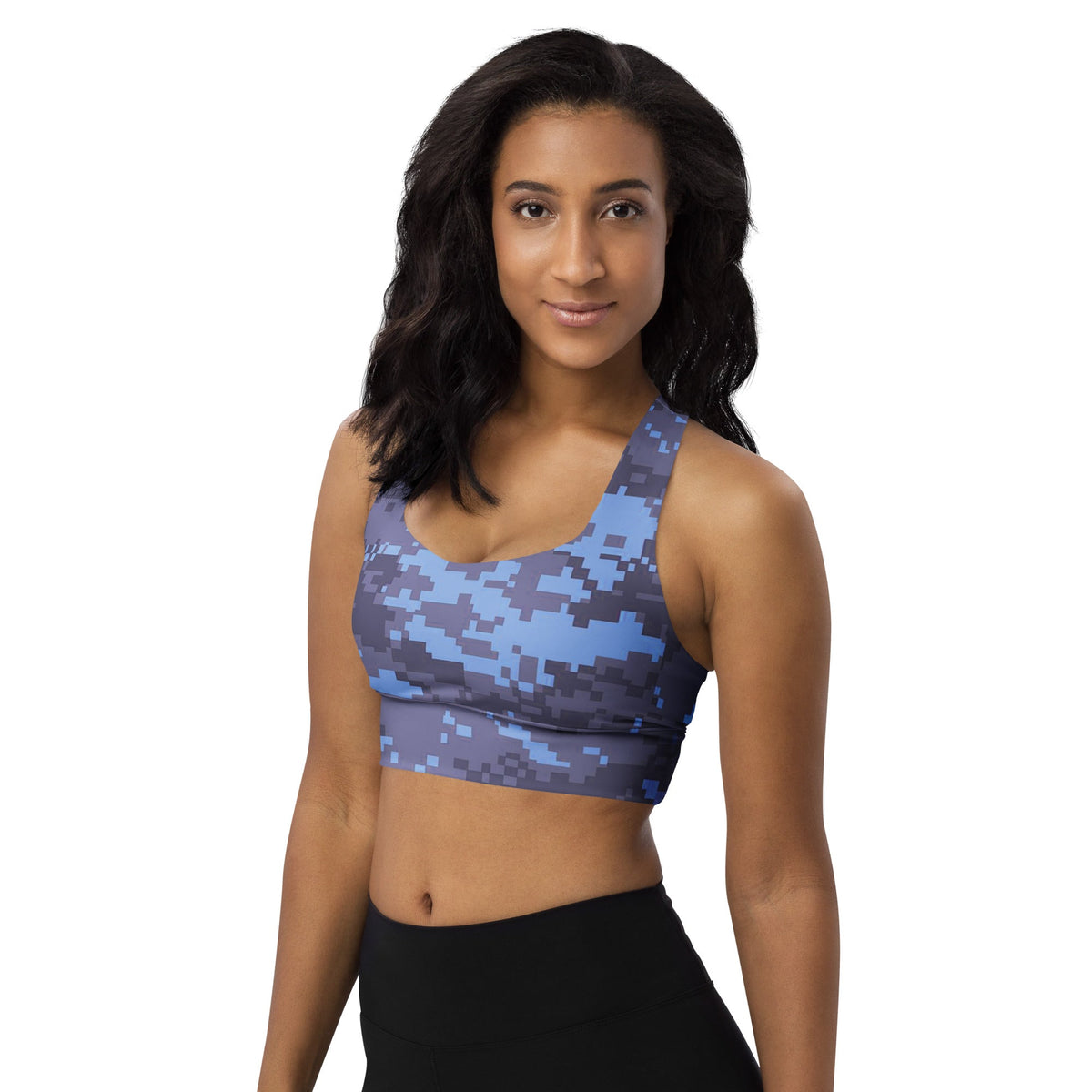 Navy digital camo longline sports bra with racerback straps and wide supportive band