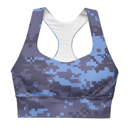 Navy digital camo longline sports bra with wide underband and U-neck front
