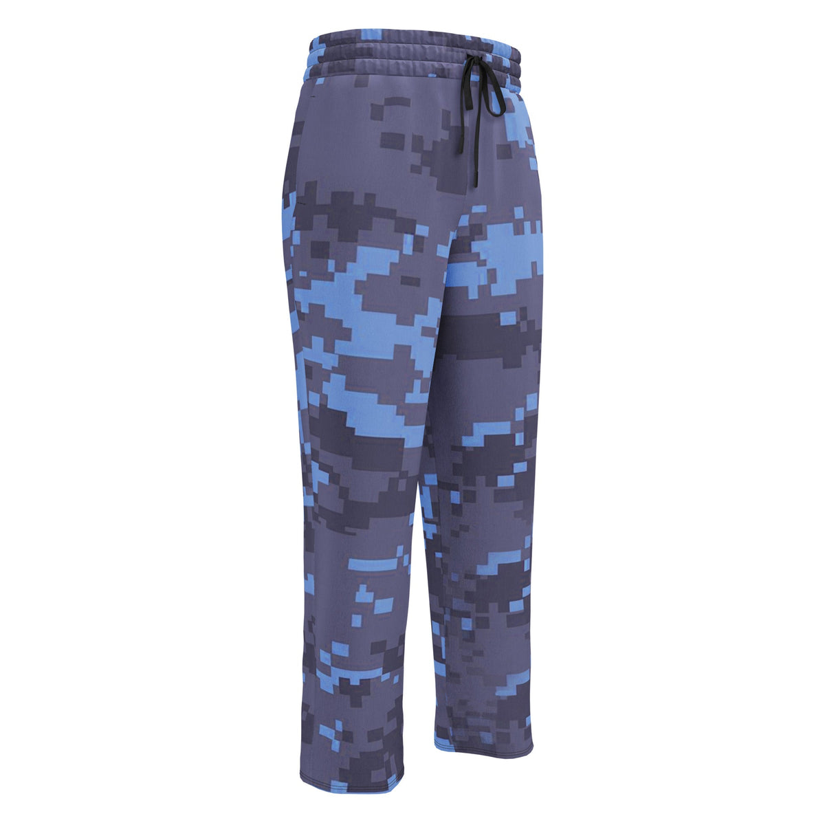 Digital camouflage wide-leg joggers, elastic waistband with drawstring ties, side pockets