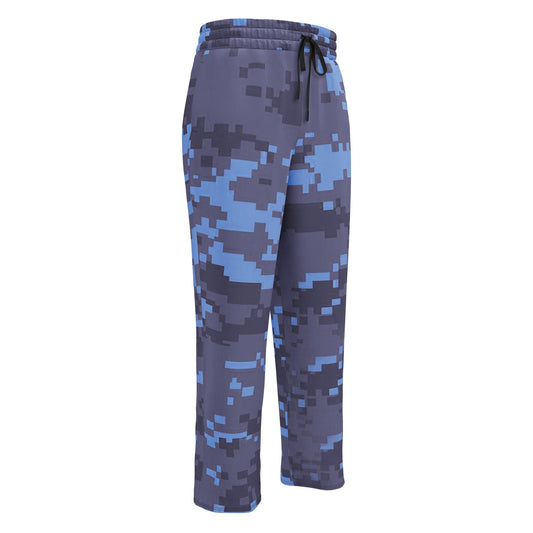 Digital camouflage wide-leg joggers, elastic waistband with drawstring ties, side pockets