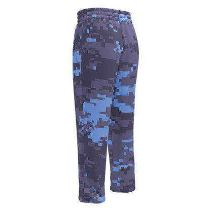 Digital camouflage wide-leg joggers, elastic waistband with drawstring and relaxed straight legs