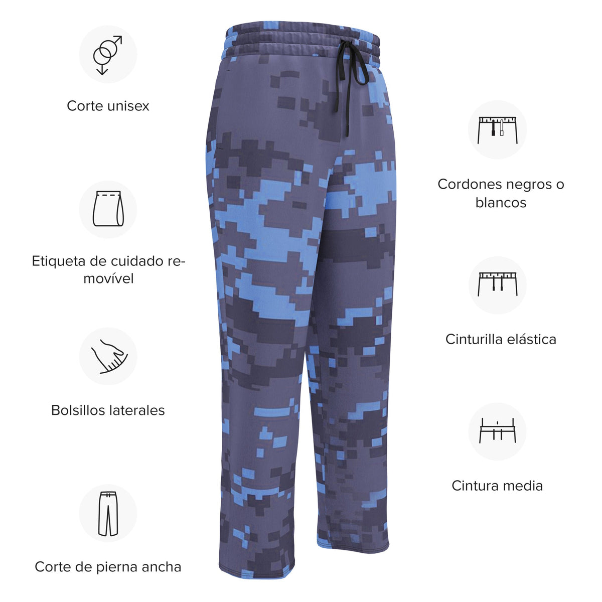 Digital camouflage wide-leg joggers showing elastic waistband, drawstring, side pockets, cuffed hem