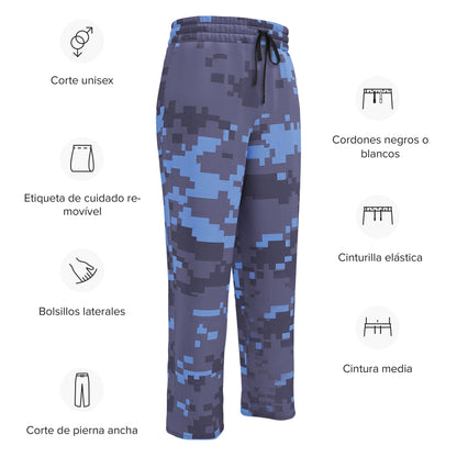 Digital camouflage wide-leg joggers showing elastic waistband, drawstring, side pockets, cuffed hem