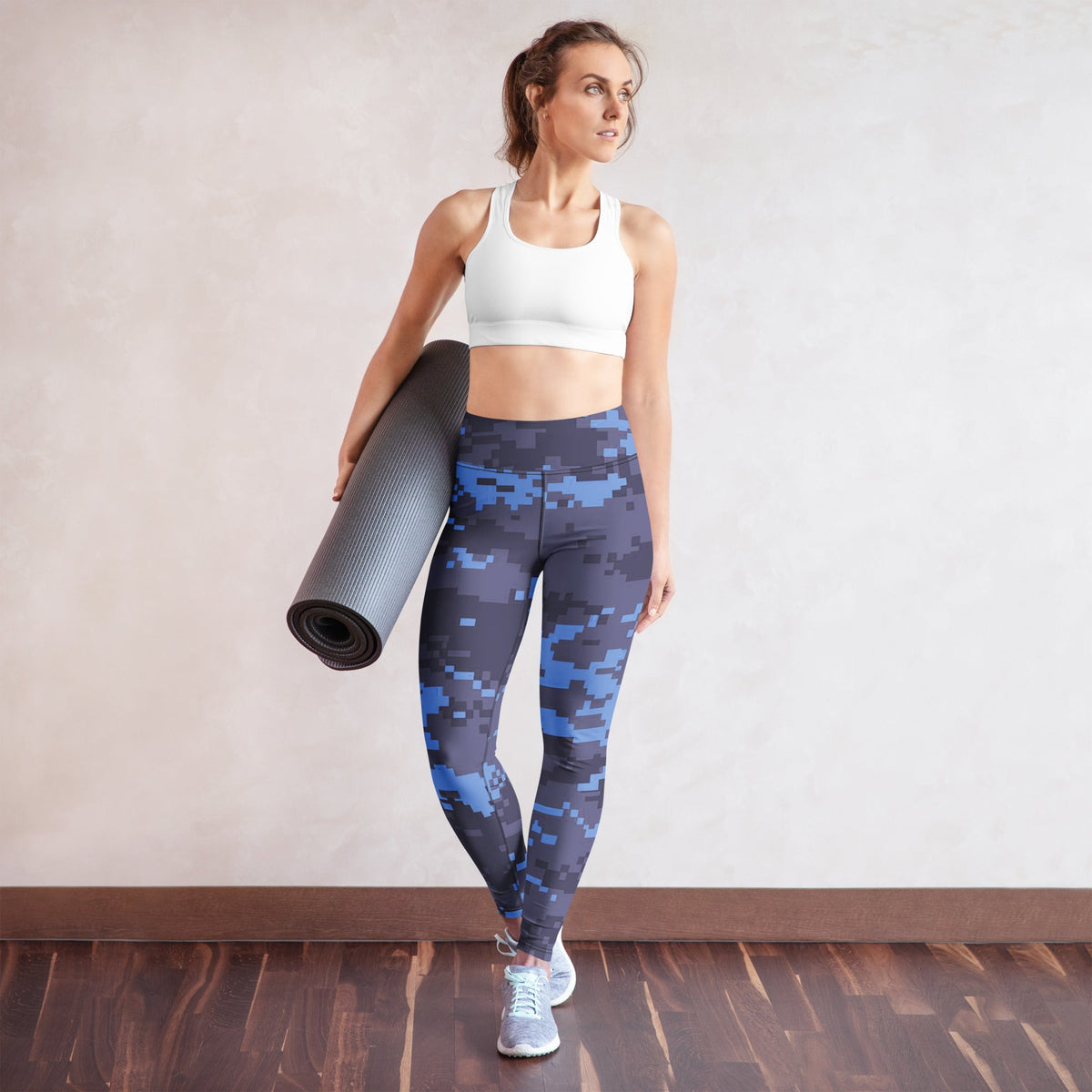 High-rise navy digital camo leggings with blue geometric block print, full length