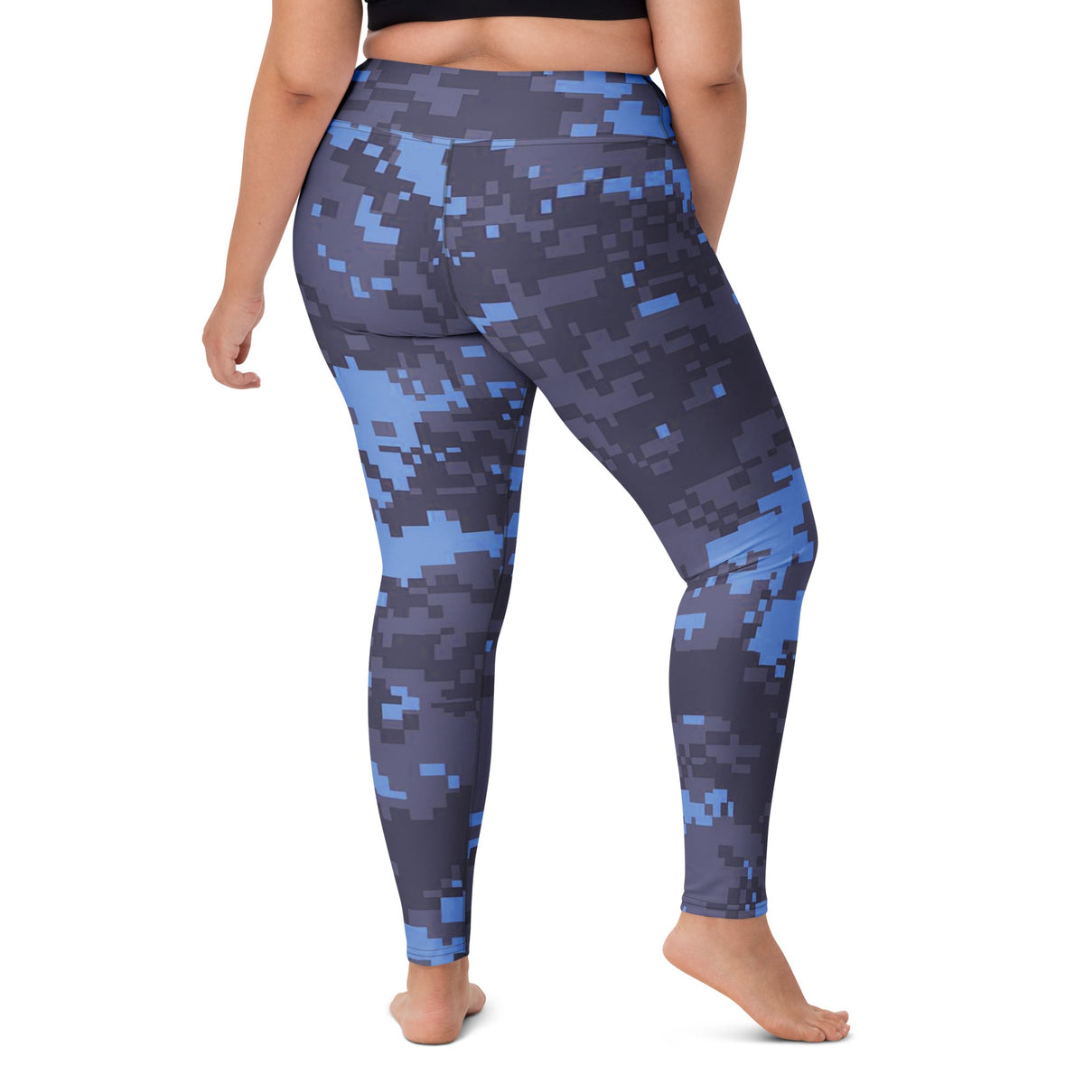 Navy digital camo high-rise yoga leggings, full length blue-gray geometric blocks