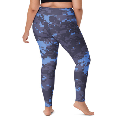 Navy digital camo high-rise yoga leggings, full length blue-gray geometric blocks