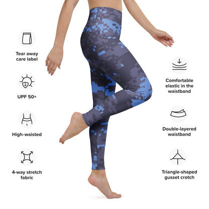 High-waisted navy digital camo yoga leggings with blue-gray geometric block pattern