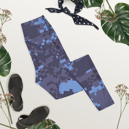 Navy digital camo yoga leggings laid flat, blue-gray geometric block pattern