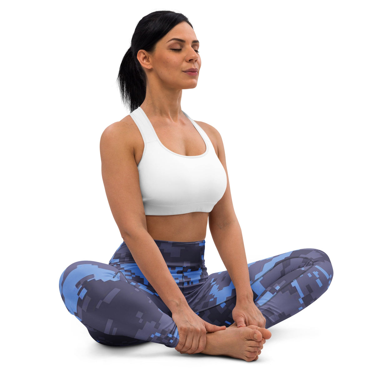 Digital camouflage yoga leggings in navy with full-length skinny cut and blue-gray pixels