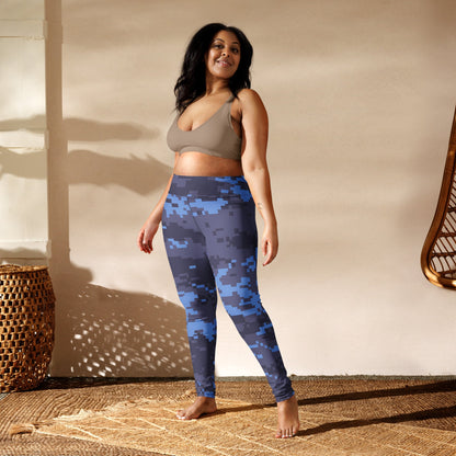 Navy digital camouflage yoga leggings with ankle-length fit and allover geometric pattern