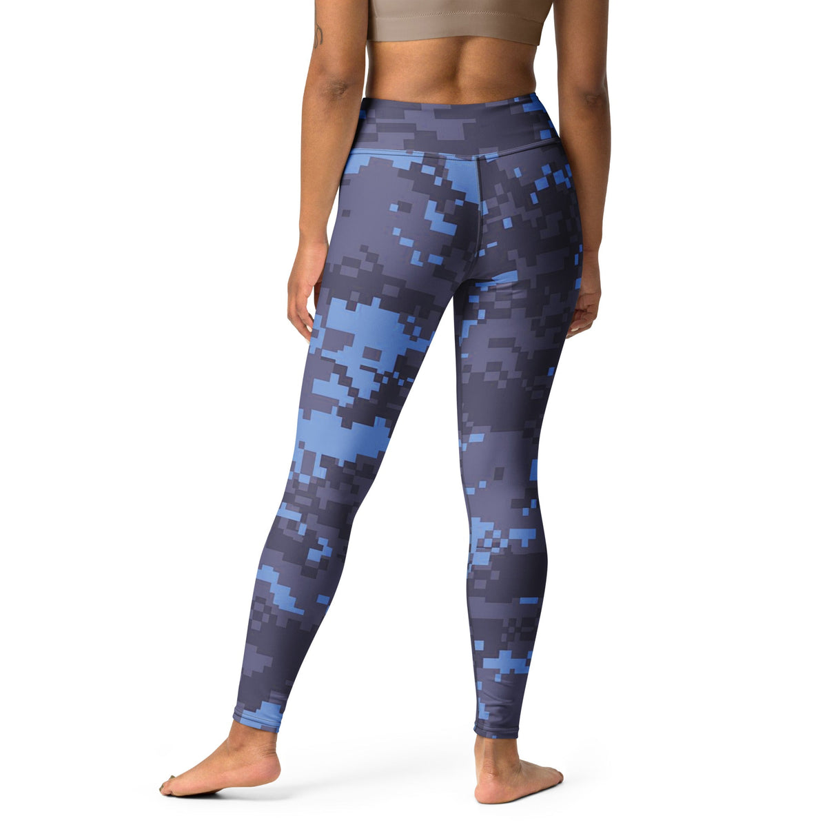 Navy digital camo yoga leggings on model, full length blue-gray geometric pattern