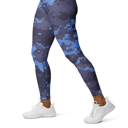 Navy digital camo yoga leggings with full-length blue-gray geometric pattern