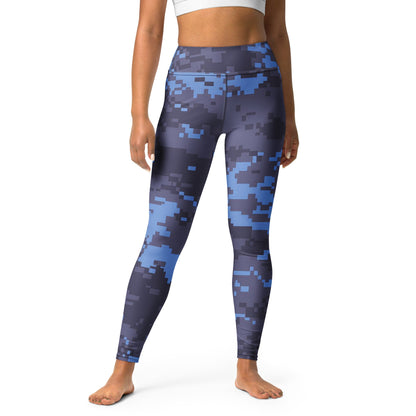 Navy digital camouflage yoga leggings with full-length skinny fit and stretchy fabric