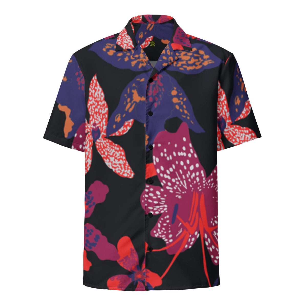 Unisex button-up short-sleeve shirt with dark floral print and camp collar