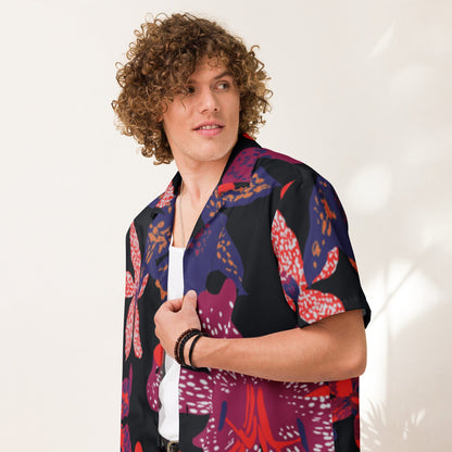 Unisex button-up short-sleeve shirt with dark floral print, front view on model