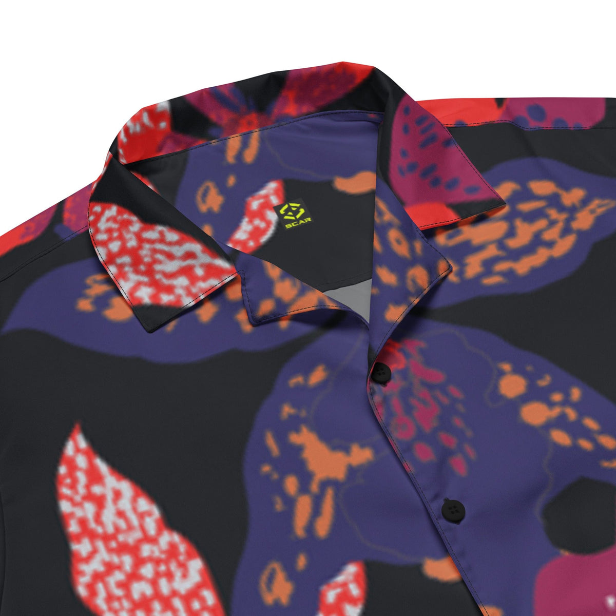Unisex shirt collar and button placket detail with multicolor floral print