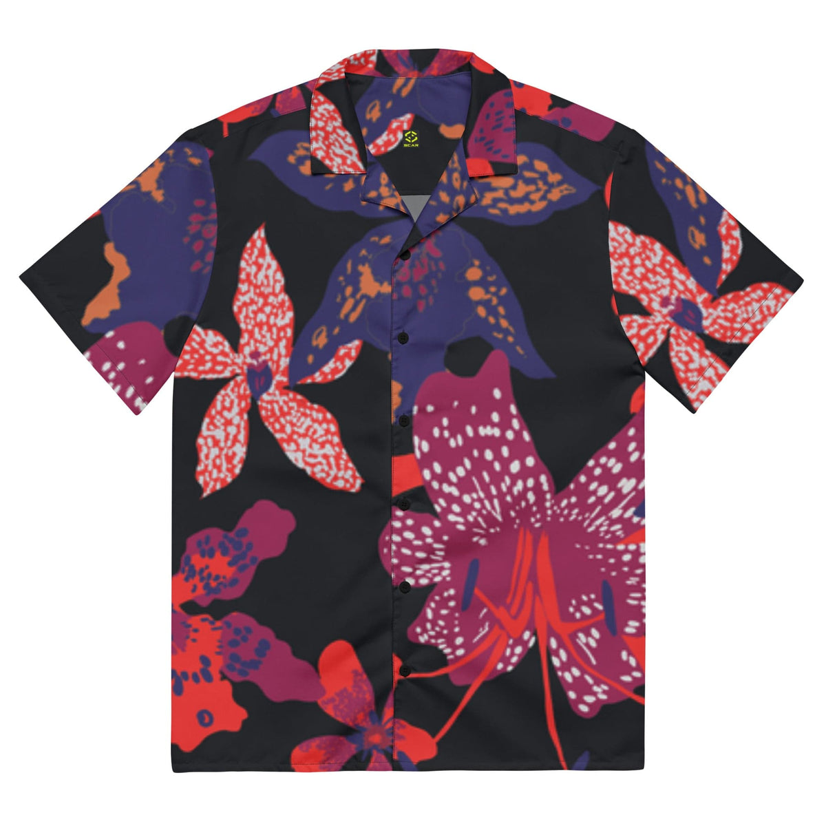 Unisex button-up short-sleeve shirt with dark floral print and camp collar