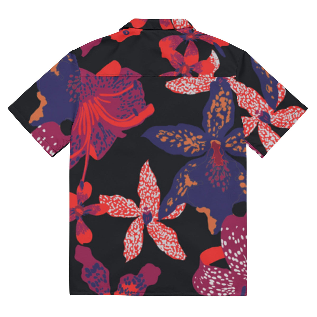 Black unisex short-sleeve button-up shirt with red, blue, and purple flower print