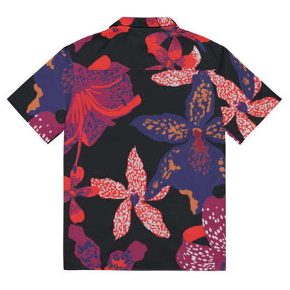 Black unisex short-sleeve button-up shirt with red, blue, and purple flower print