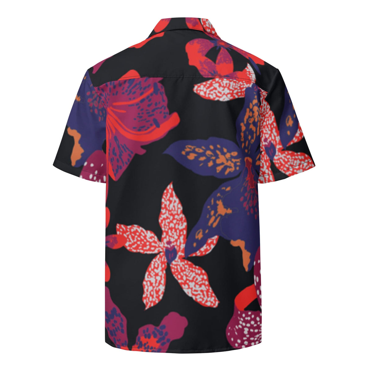 Black unisex short-sleeve button-up shirt, back view, multicolor flower print