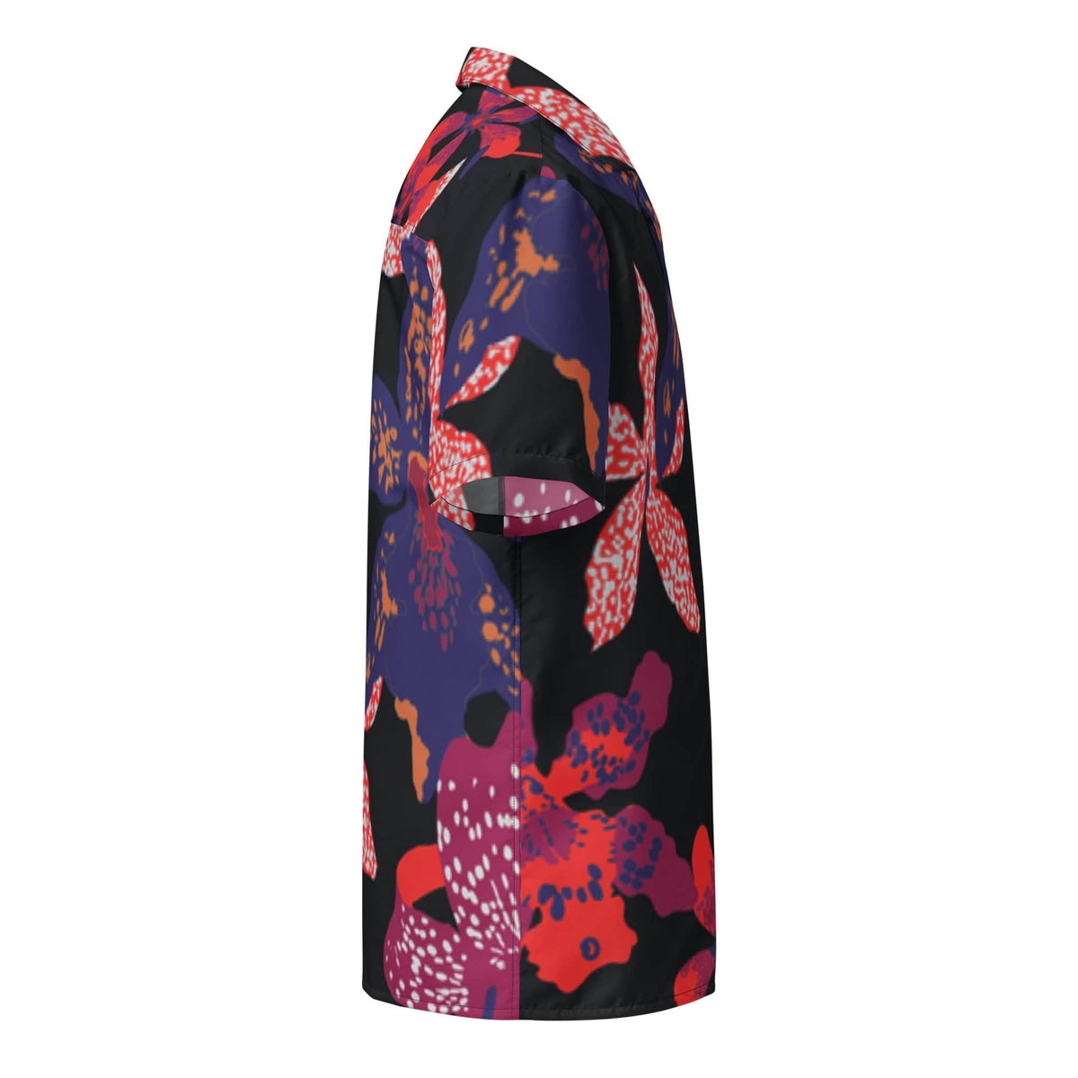 Black unisex short-sleeve button-up shirt, side view, multicolor flower print